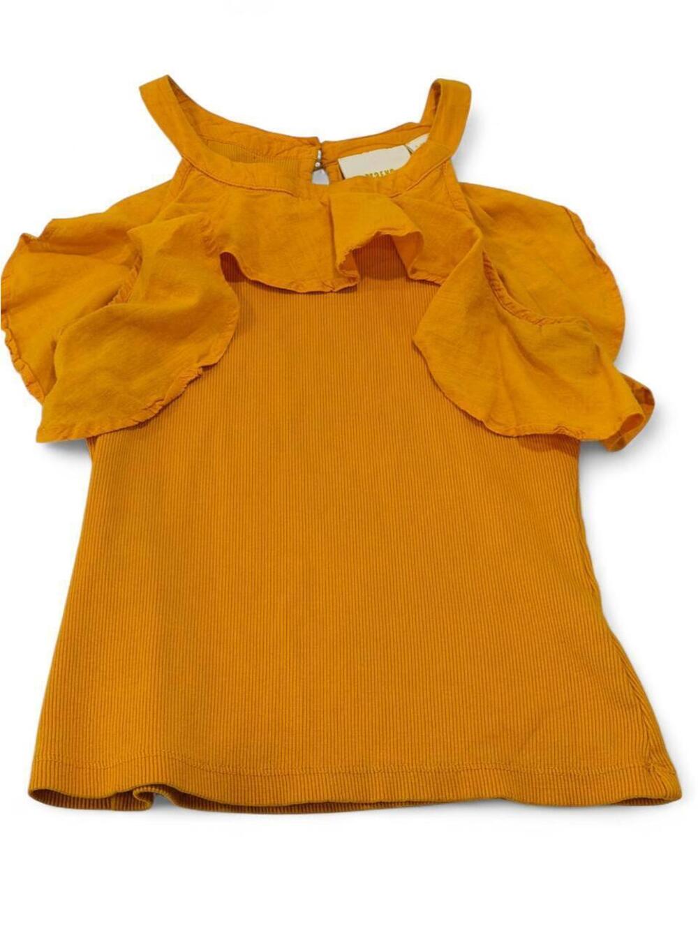 Maeve by Anthropologie Mustard Yellow Ruffle Sleeve Mock Neck Top Cotton
